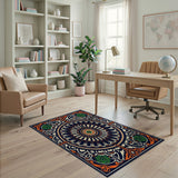 Navy Blue Orange Mandala Floral Area Rug
