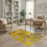 Vibrant Yellow Shag Rug with Purple Abstract Shapes
