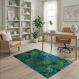 Tropical Green Leaf Washable Area Rug - Low Pile Non-Slip Botanical Carpet