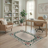 Ornate Traditional Persian Border Rug in Beige with Green Red Florals