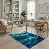 Layered Blue Teal Waves Abstract Area Rug