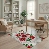 Festive Red Poinsettia Holly Floral Rug