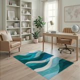 ODIKA Modern Teal Abstract Wave Washable Area Rug - Low Pile Non-Slip & Pet Friendly