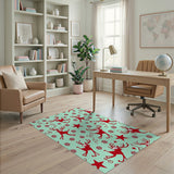 Whimsical Red Reindeer Skating Mint Green Rug