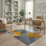 Mustard Yellow Gray Geometric Patchwork Rug