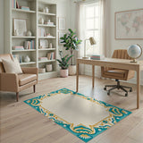 Ornate Teal Lotus Border Area Rug