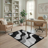 Black White Wavy Abstract Black and White Area Rug