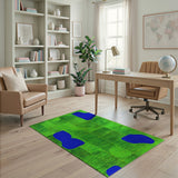 Green Grid Abstract Area Rug with Blue Shapes