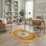 ODIKA Washable Area Rug - Golden Sunburst Mandala Design, Low Pile & Non-Slip
