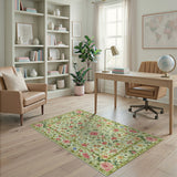 Pale Green Floral Vintage Rug with Pink Roses