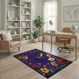 ODIKA Hummingbird & Floral Washable Area Rug - Purple Low Pile Non-Slip Botanical Carpet