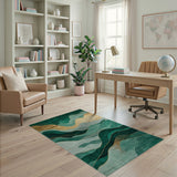 Emerald Green Gold Wave Abstract Area Rug