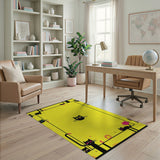 Playful Black Cat Cartoon Yellow Area Rug