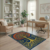 Golden Tree of Life with Fiery Leaves Navy Rug