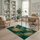 Emerald Green Palm Frond Area Rug with Gold Accents
