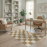 Tan Checkered Gingham Rug with Cream Wave Splash