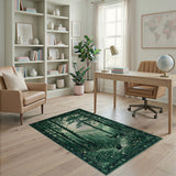Green Birch Forest Rabbits Area Rug