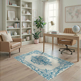 Elegant Blue Ornate Floral Frame Area Rug