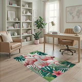 Pink Flamingo Tropical Leaves Area Rug