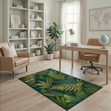 ODIKA Washable Dark Green & Gold Botanical Fern Area Rug - Low Pile, Non-Slip, Pet Friendly