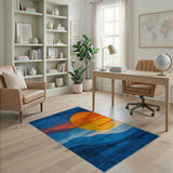 Geometric Blue Sunset Sun Over Mountains Rug