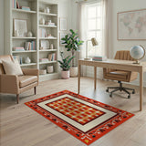 Red Plaid Southwestern Rug with Tribal Border
