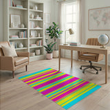 Vibrant Cyan Yellow Pink Striped Area Rug