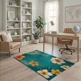 Distressed Teal Hibiscus and Palm Rug