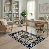 Ornate Black Ivory Medallion Area Rug