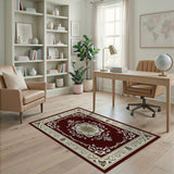 ODIKA Washable Red Traditional Medallion Area Rug - Low Pile Non-Slip Vintage Carpet