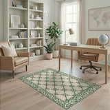 Elegant Green Trellis Cream Area Rug with Floral Border