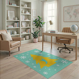Festive Yellow Christmas Tree Snowflakes Teal Rug