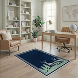 Navy Blue Deer and Pine Forest Silhouette Rug