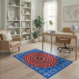 Red Mandala Blue Border Persian Rug