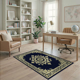 Navy Mandala Area Rug with Ornate Gold Border