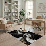 Abstract Black Marble Gold Wave Area Rug