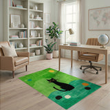 Whimsical Black Cat on Green Landscape Area Rug