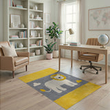 Cute Cartoon Lion Kids Area Rug in Yellow Gray