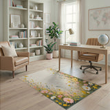 Pastel Wildflower Border Area Rug in Yellow Pink Blooms