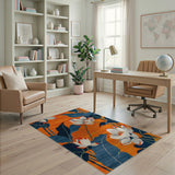 Vibrant Orange Lotus Blossom Rug with Navy Leaves