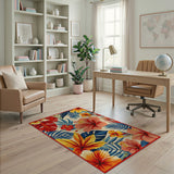 Vibrant Hibiscus Palm Leaf Coastal Area Rug