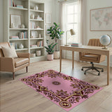 Opulent Pink Gold Floral Ornate Border Rug