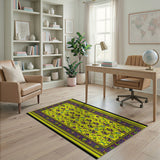 Vibrant Yellow Rug with Purple Tribal Masks Fruits