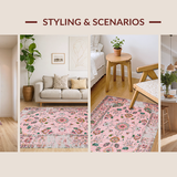 Ultra Soft Area Rug, Non Slip, Stain Resistant, Washable Area Rugs for Living Room, Bedroom, Rustic Elegant Blush Green Motif(Pink)