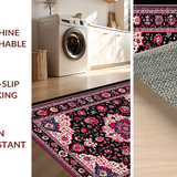 Ultra Soft Area Rug, Non Slip, Stain Resistant, Washable Area Rugs for Living Room, Bedroom, Cozy Vintage-Inspired Floral Arrangement(Black)