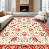 Ultra Soft Area Rug, Non Slip, Stain Resistant, Washable Area Rugs for Living Room, Bedroom, Red and Beige Sunburst Floral Area(Ivory)