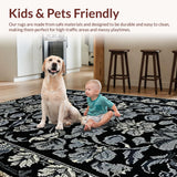 Ultra Soft Area Rug, Non Slip, Stain Resistant, Washable Area Rugs for Living Room, Bedroom, Lightweight Waterproof Picnic Rug with Floral Design(Black)