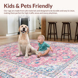 Ultra Soft Area Rug, Non Slip, Stain Resistant, Washable Area Rugs for Living Room, Bedroom, Classic Ethnic Tiled Composition(Pink)