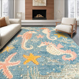Ultra Soft Area Rug, Non Slip, Stain Resistant, Washable Area Rugs for Living Room, Bedroom, Chic Nautical Pattern Area Rug with Playful Seahorse and Starfish Accents(Blue)