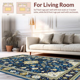 Ultra Soft Area Rug, Non Slip, Stain Resistant, Washable Area Rugs for Living Room, Bedroom, Elegant Floral White Blossom Style(Blue)